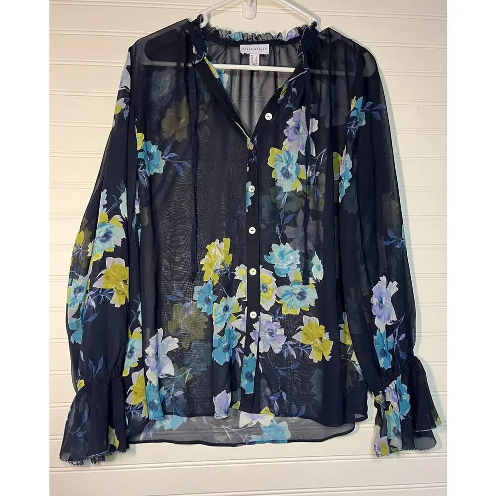 Susan Graver Women's Blue Floral Sheer Button Up Blouse 2 Bloom Core Feminine - Picture 1 of 9